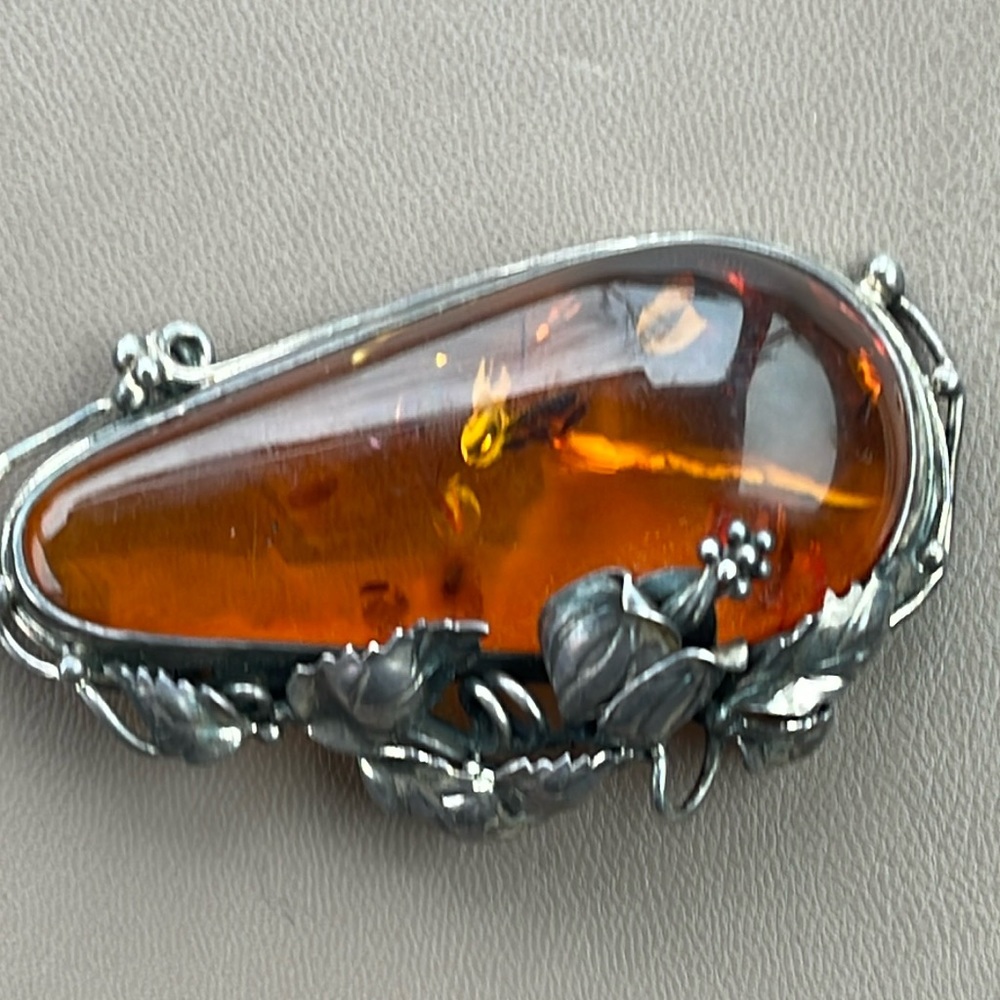 VINTAGE STERLING SILVER MAGNIFICENT BALTIC AMBER FLORAL LARGE Brooch Pendant
